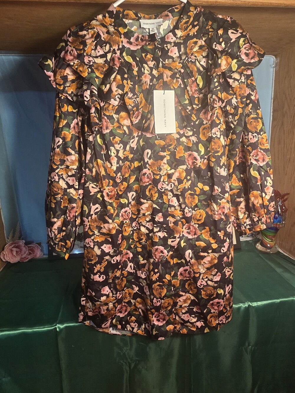 Something NAVY Floral Ruffle-Trim Long Sleeve Dress - Pink & Orange Floral